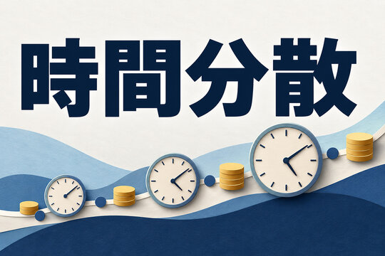 時間分散の文字と三つの時計や硬貨を結ぶ切り絵風の道
