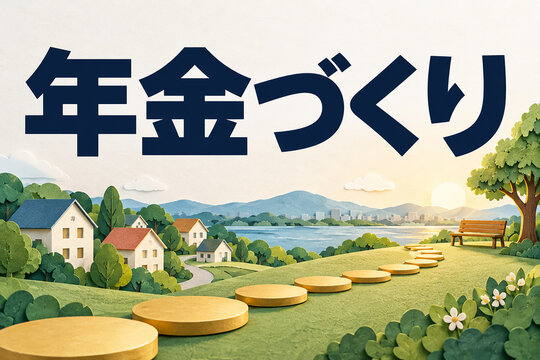 年金づくりの文字と硬貨の道が続く切り絵風の湖畔の街