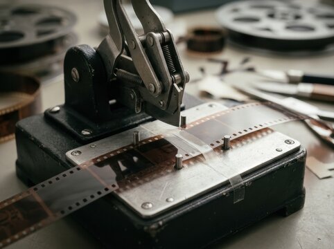 35mm film splicer closeup Vintage film splicer cutting and joining old movie film strips on a table