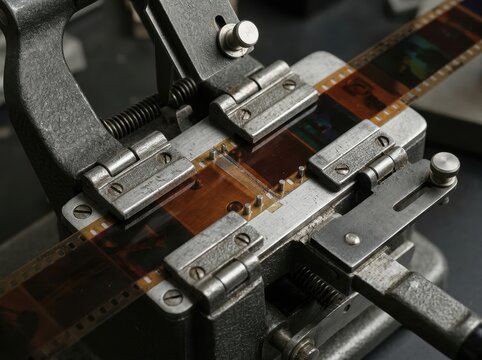 35mm film splicer closeup Film strip being repaired using a metal splicer device in a dark setting