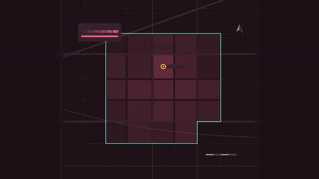 Seamless 4K looping map animation: demand zone growing district map. Clean flat vector city map with street grid, blocks and blank labels in purple and violet on a dark background, leaving copy space 