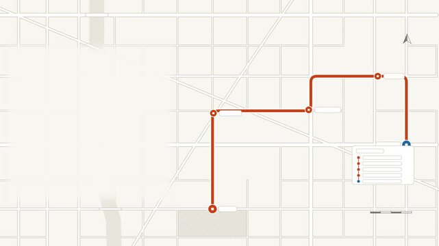Seamless 4K looping map animation: waypoint sequence on map route. Clean flat vector city map with street grid, blocks and blank labels in orange and amber on a light background, leaving copy space fo