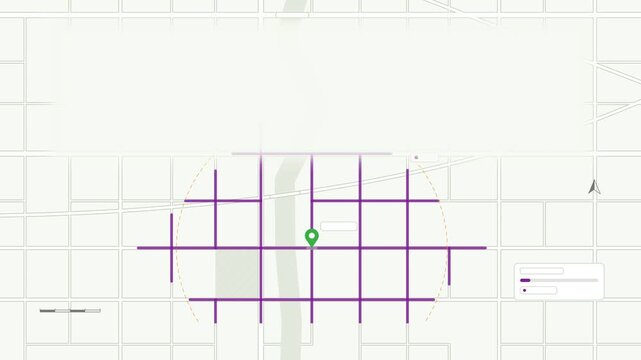 Animated reachability area growing map streets drawn as a minimal vector city map in purple and violet on a light background. Smooth 4K seamless loop with blank markers and room for your own captions.