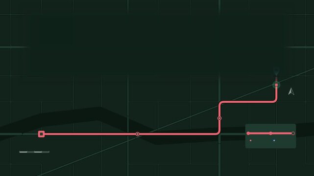 Seamless 4K looping map animation: package tracking route progress bar. Clean flat vector city map with street grid, blocks and blank labels in green and emerald on a dark background, leaving copy spa