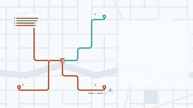 Animated delivery routes fanning out map drawn as a minimal vector city map in orange and amber on a light background. Smooth 4K seamless loop with blank markers and room for your own captions. Widesc