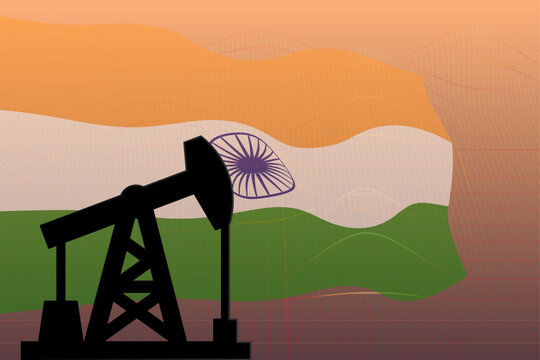 India Oil Industry, Oil Pumpjack Silhouette with Indian Flag, Energy Production and Petroleum Extraction Vector Background