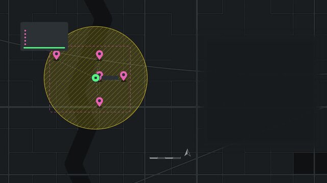 Seamless 4K looping map animation: pin cluster dropping together map. Clean flat vector city map with street grid, blocks and blank labels in blue and azure on a dark background, leaving copy space fo