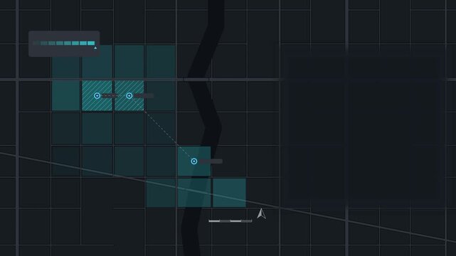 Animated heat patches across map blocks drawn as a minimal vector city map in blue and azure on a dark background. Smooth 4K seamless loop with blank markers and room for your own captions. Widescreen