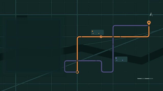 Seamless 4K looping map animation: route options drawing map choice. Clean flat vector city map with street grid, blocks and blank labels in teal and cyan on a dark background, leaving copy space for 