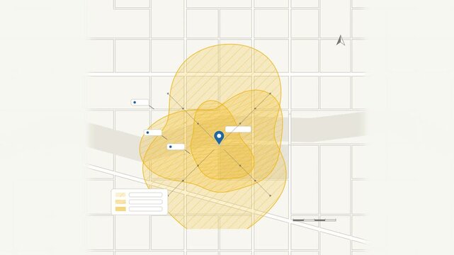 Animated time zones from pin outward drawn as a minimal vector city map in yellow and gold on a light background. Smooth 4K seamless loop with blank markers and room for your own captions. Widescreen 