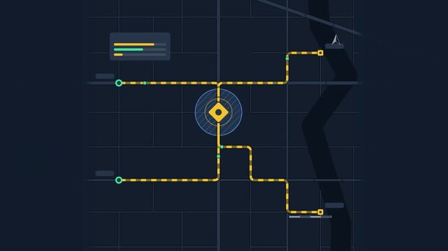 Animated terminal node routes flowing through drawn as a minimal vector city map in blue and azure on a dark background. Smooth 4K seamless loop with blank markers and room for your own captions. Wide