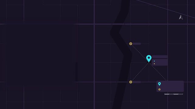 Seamless 4K looping map animation: pin with label dropping map. Clean flat vector city map with street grid, blocks and blank labels in purple and violet on a dark background, leaving copy space for y