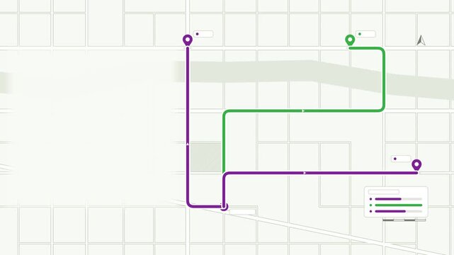 Animated routes to several pins map drawn as a minimal vector city map in purple and violet on a light background. Smooth 4K seamless loop with blank markers and room for your own captions. Widescreen