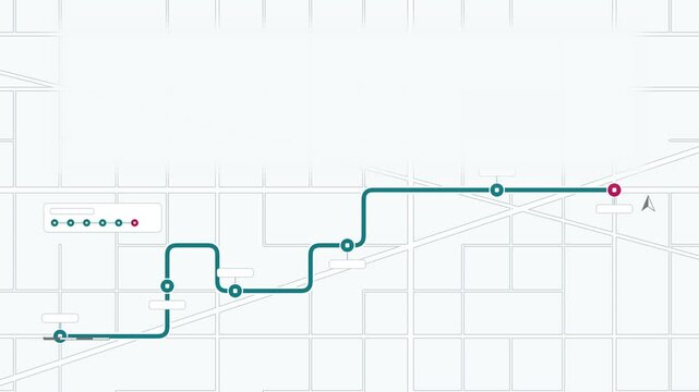Seamless 4K looping map animation: numbered stops without digits route. Clean flat vector city map with street grid, blocks and blank labels in teal and cyan on a light background, leaving copy space 