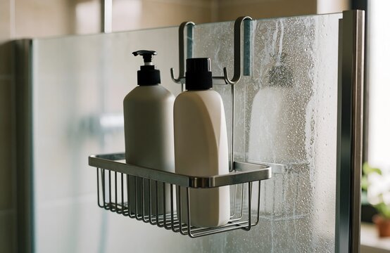 Hanging shower caddy with two upright bottles