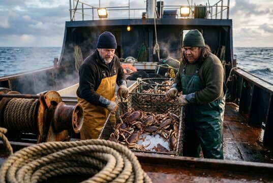 Two rugged commercial fishermen on a boat deck sorting freshly caught crabs in a metal trap with ice against an open ocean background