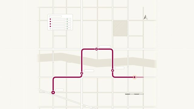 Seamless 4K looping map animation: waypoints along delivery route map. Clean flat vector city map with street grid, blocks and blank labels in red and magenta on a light background, leaving copy space