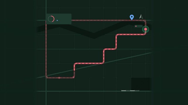Animated navigation marker travelling route map drawn as a minimal vector city map in green and emerald on a dark background. Smooth 4K seamless loop with blank markers and room for your own captions.