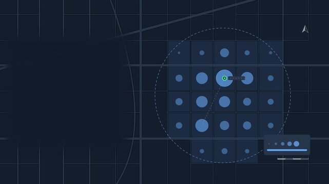 Animated density zone appearing over blocks drawn as a minimal vector city map in blue and azure on a dark background. Smooth 4K seamless loop with blank markers and room for your own captions. Widesc