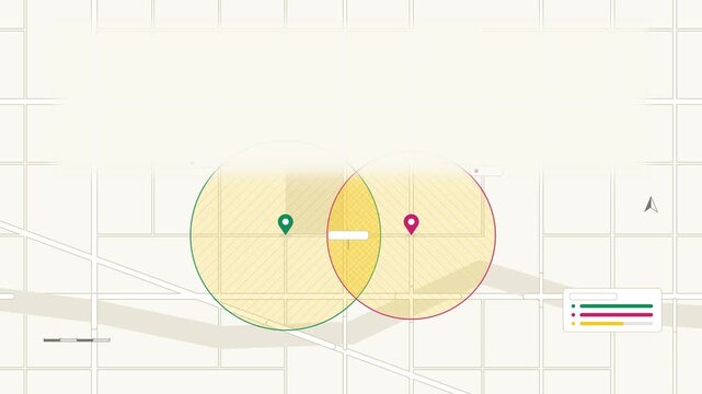 Animated overlapping coverage zones appearing map drawn as a minimal vector city map in yellow and gold on a light background. Smooth 4K seamless loop with blank markers and room for your own captions