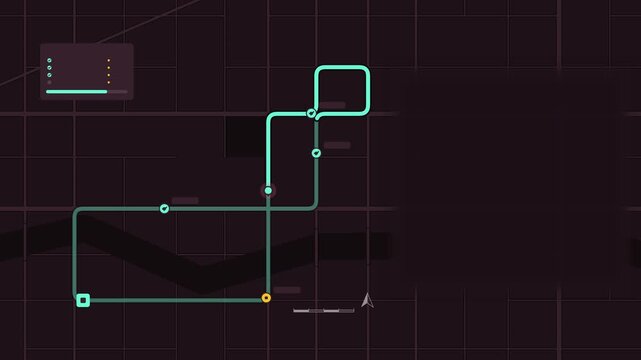 Seamless 4K looping map animation: courier route with waypoints map. Clean flat vector city map with street grid, blocks and blank labels in purple and violet on a dark background, leaving copy space 