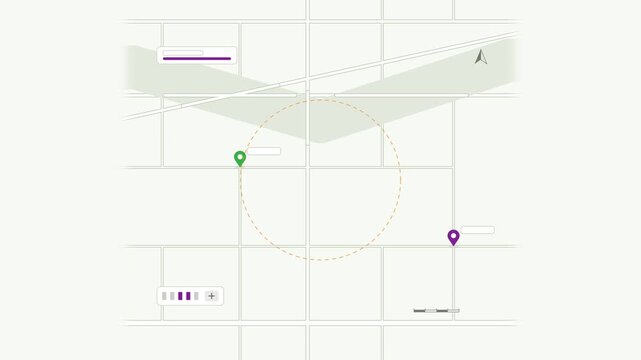Animated map scale step change view drawn as a minimal vector city map in purple and violet on a light background. Smooth 4K seamless loop with blank markers and room for your own captions. Widescreen