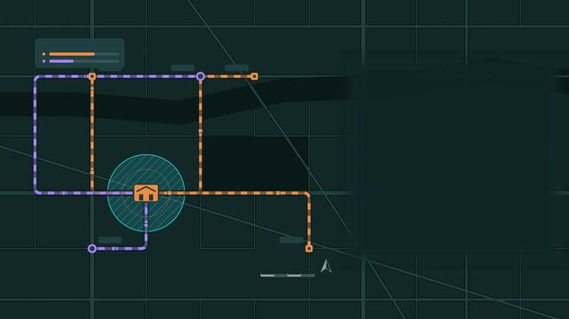Seamless 4K looping map animation: warehouse hub map animation flow. Clean flat vector city map with street grid, blocks and blank labels in teal and cyan on a dark background, leaving copy space for 