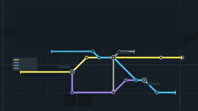 Animated transit network building up lines drawn as a minimal vector city map in blue and azure on a dark background. Smooth 4K seamless loop with blank markers and room for your own captions. Widescr