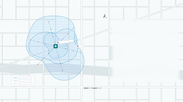 Seamless 4K looping map animation: isochrone bands around hub map. Clean flat vector city map with street grid, blocks and blank labels in blue and azure on a light background, leaving copy space for 