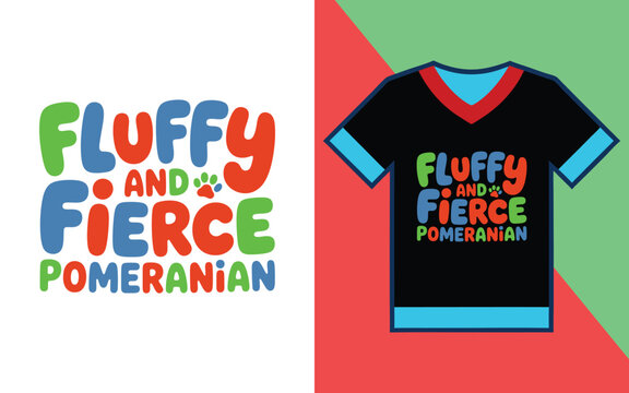 Fluffy and fierce pomeranian colorful bubble font typography on a black t-shirt with blue and red trim details