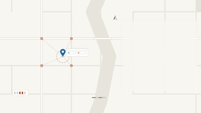 Seamless 4K looping map animation: zoom with pin focus map. Clean flat vector city map with street grid, blocks and blank labels in orange and amber on a light background, leaving copy space for your 