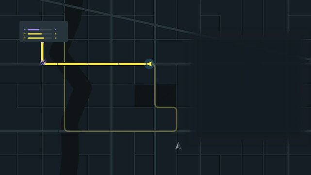 Animated navigation with route ahead view drawn as a minimal vector city map in blue and azure on a dark background. Smooth 4K seamless loop with blank markers and room for your own captions. Widescre