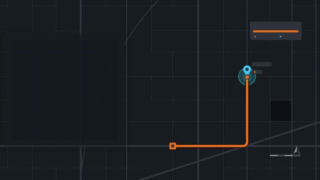 Seamless 4K looping map animation: last mile delivery tracking map. Clean flat vector city map with street grid, blocks and blank labels in blue and azure on a dark background, leaving copy space for 