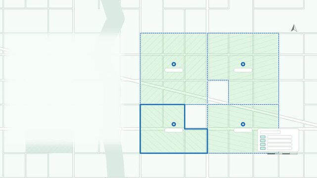 Seamless 4K looping map animation: administrative zones appearing district map. Clean flat vector city map with street grid, blocks and blank labels in blue and azure on a light background, leaving co