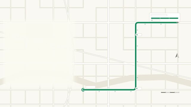 Seamless 4K looping map animation: long route drawing across map. Clean flat vector city map with street grid, blocks and blank labels in green and emerald on a light background, leaving copy space fo