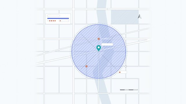 Seamless 4K looping map animation: coverage zone with pin center. Clean flat vector city map with street grid, blocks and blank labels in blue and azure on a light background, leaving copy space for y