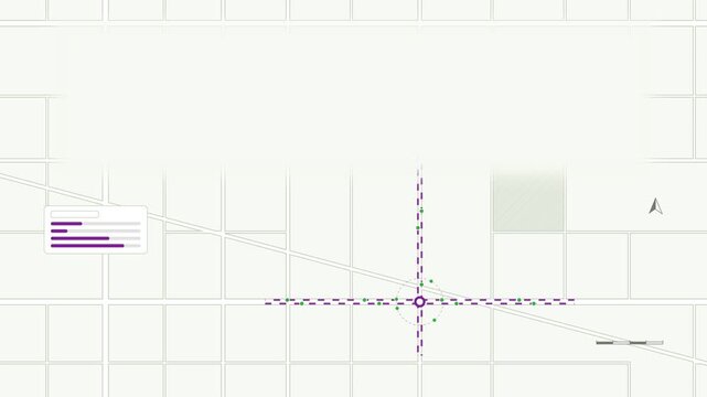 Animated traffic flow through intersection streets drawn as a minimal vector city map in purple and violet on a light background. Smooth 4K seamless loop with blank markers and room for your own capti