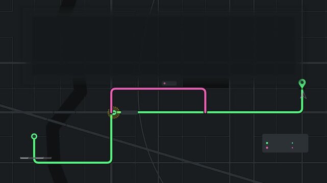 Animated detour route appearing around closure drawn as a minimal vector city map in blue and azure on a dark background. Smooth 4K seamless loop with blank markers and room for your own captions. Wid