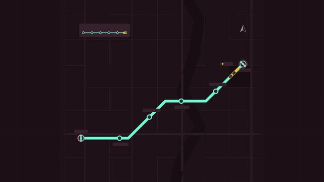 Seamless 4K looping map animation: transit line train moving stations. Clean flat vector city map with street grid, blocks and blank labels in purple and violet on a dark background, leaving copy spac
