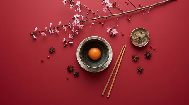 A single egg yolk in a bowl with chopsticks and cherry blossoms on red background culinary breakfast ingredient minimalist