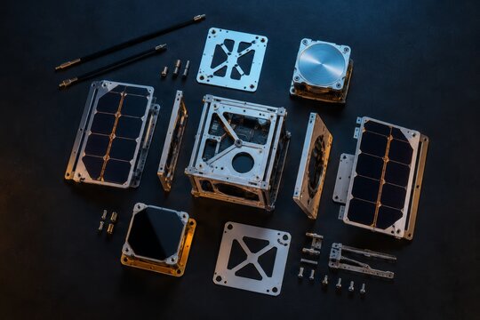 Original tiny satellite components on a dark assembly mat