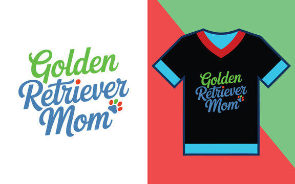 Golden retriever mom script typography t-shirt print with colorful text and paw print for dog owners clothing