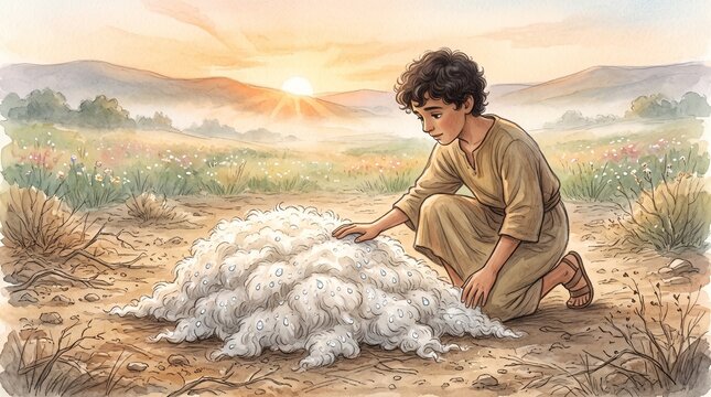 Miracle of Gideons Fleece with Morning Dew on Dry Ground Children Book Watercolor Illustration