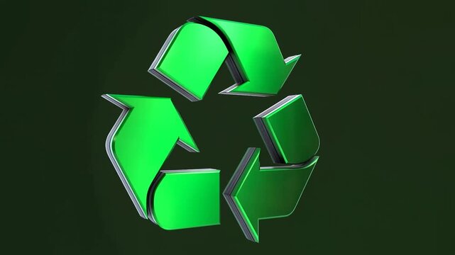 Green 3D recycling symbol with glossy metallic edges on dark green background