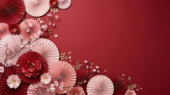 Red background decorated with intricate paper fans and floral elements decoration celebration festival oriental tradition