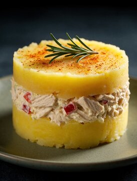 Traditional Peruvian Causa Rellena dish served on plate. Layered yellow mashed potato filled with chicken salad, red peppers, mayo. Garnish with rosemary sprig, paprika powder. Tasty Latin American