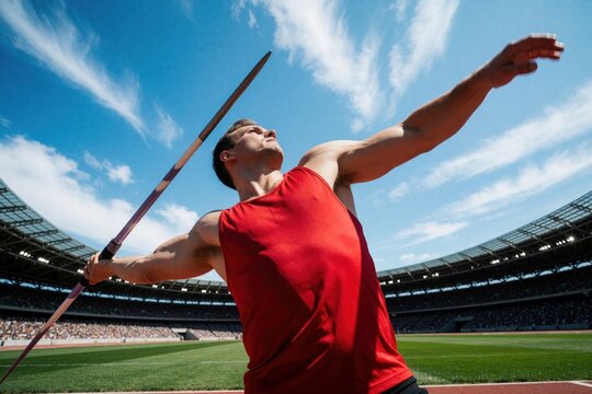 Athletic man throws javelin in large outdoor stadium. Strong male athlete performs track, field event during summer competition. Muscular player uses power, speed to launch spear across blue sky.