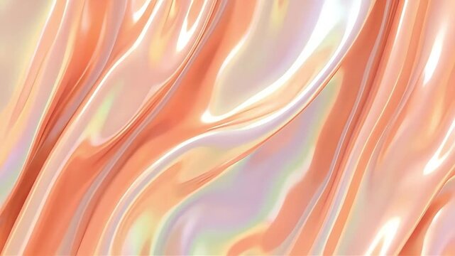 Abstract background with smooth flowing peach and iridescent waves of satin fabric.