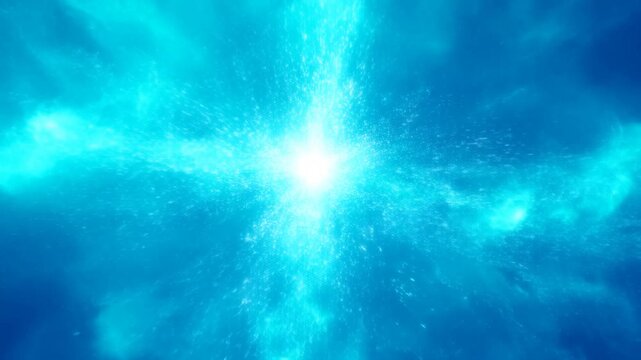 Glowing cyan light orb pulses at center of deep blue background with soft radial glow