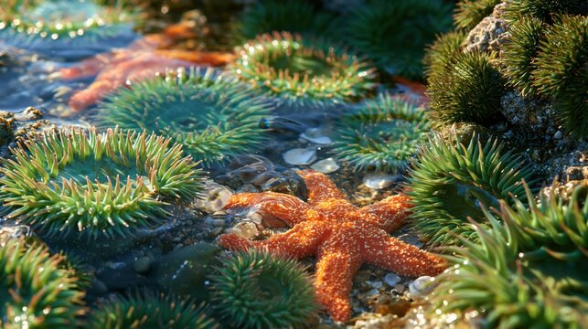 Tide pool with orange starfish and green anemones